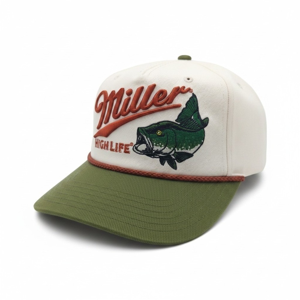 Miller High Life Bass Fishing Snapback Hat Cream Olive Green Rope Trucker Cap